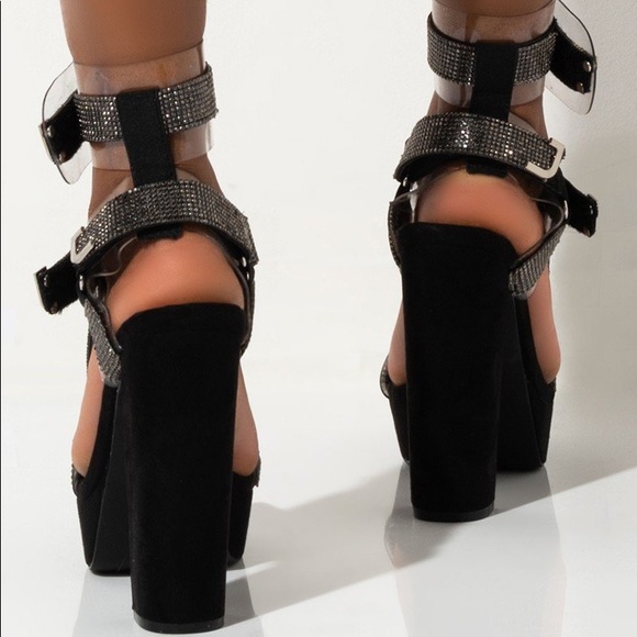 Black Rhinestones Double Strap Chunky Platform Ankle Strap High Heel San… - Picture 5 of 5